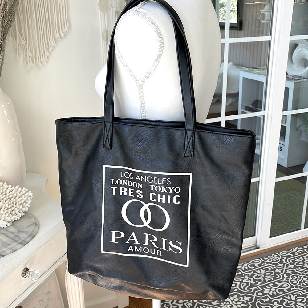 Call it spring black vegan leather très chic Paris amore tote